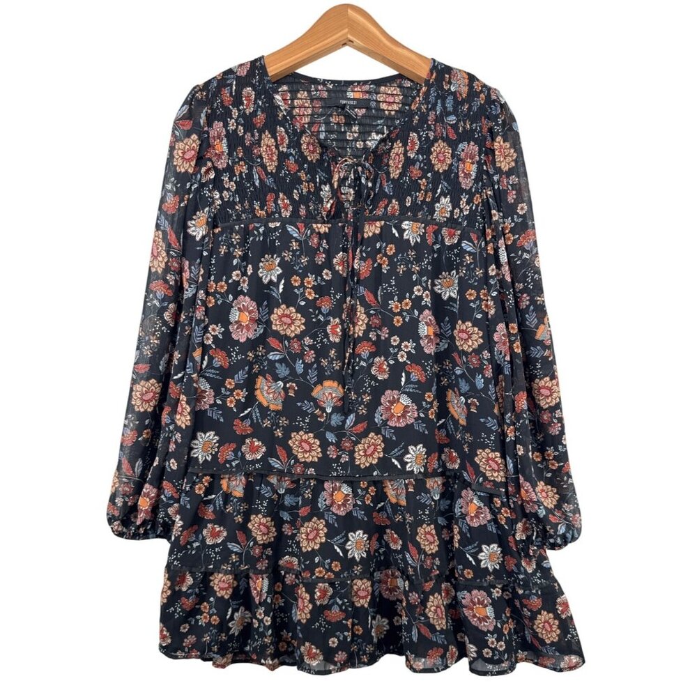 Forever 21 Dress Sz L Black Floral FairyGrunge DarkCottage Ruffled Boho Long Slv